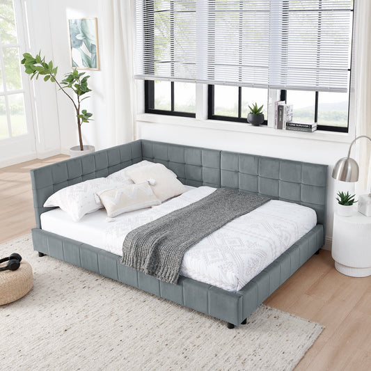 GAKMCIL Full Size Upholstered Tufted Bed Frame, Velvet Fabric, Sofa Bed Frame with Comfortable Backrest and Armrests, Full Size Bed for Bedroom, Living Room, Gray (80.5''*59''*30.5'')