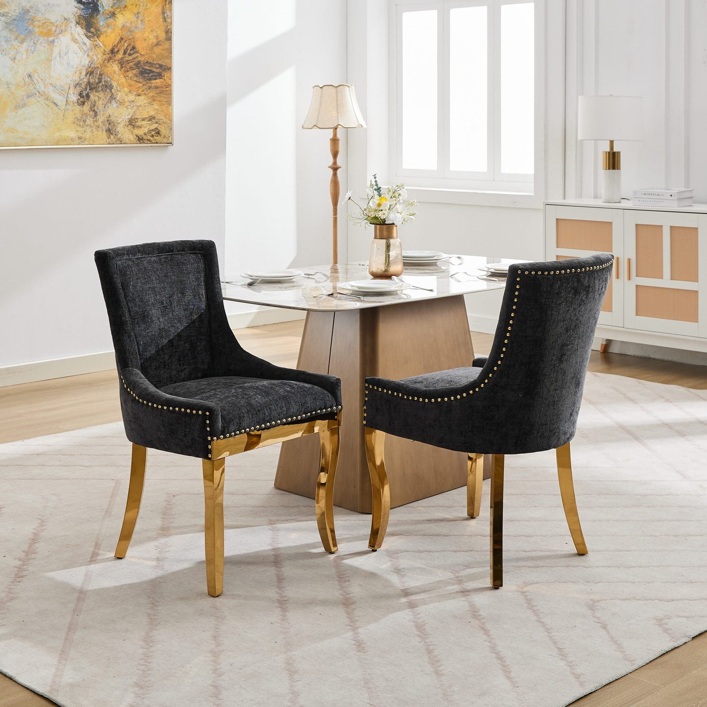 GAKMCIL Chenille Dining Chairs, Ultra Side Dining Room Chairs, Curved Gold - Plated Legs & Rivet Trim, Upholstered Comfort, Textured Fabric & One - Piece Structure, Black (Set of 2)