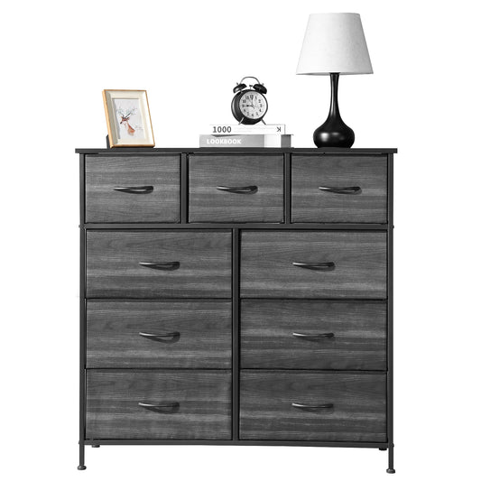 POWANLI 9 Drawer Dresser Chest of Drawers for Bedroom Fabric Drawer for Kids and Adult Steel Frame and Wooden Top Black Grey