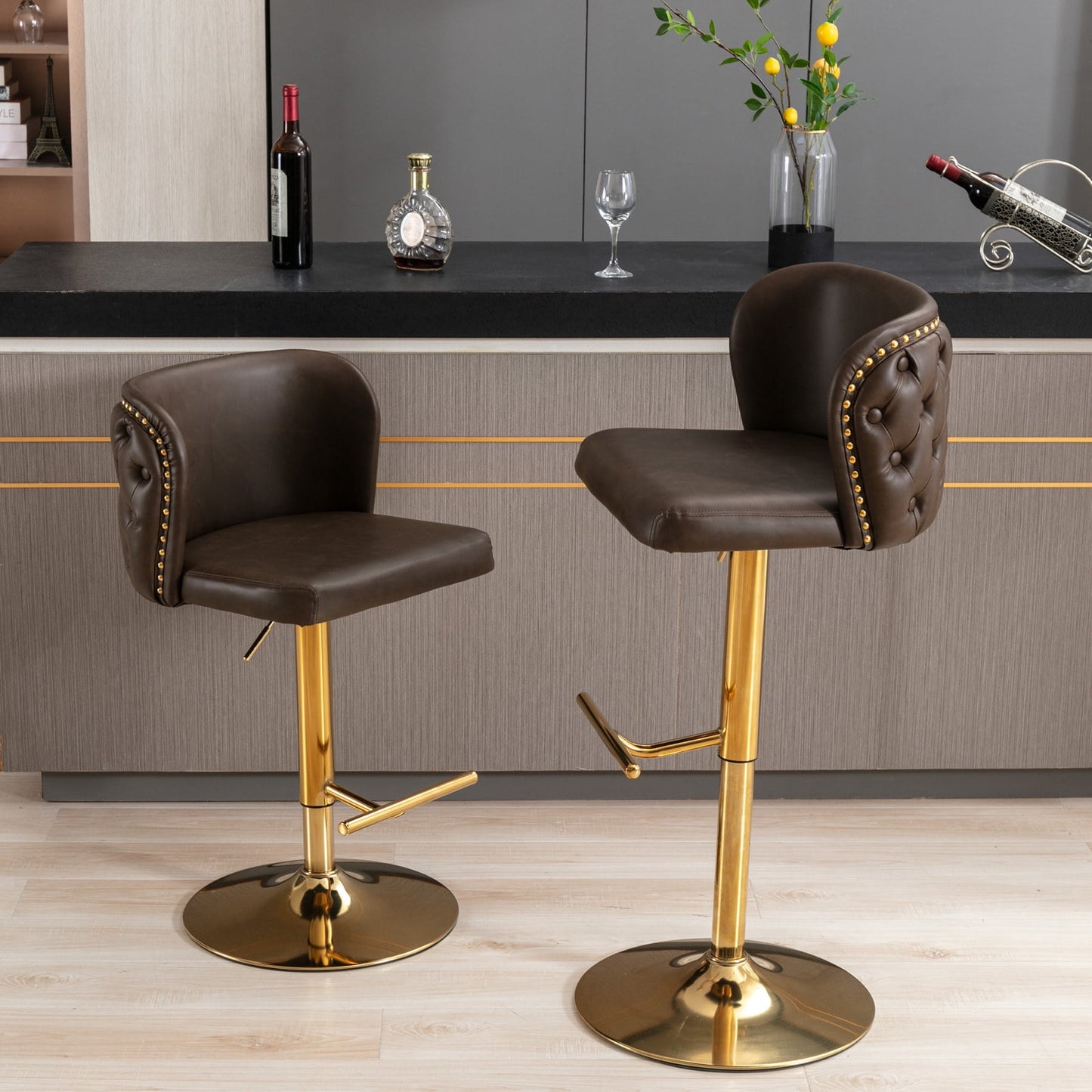 GAKMCIL Modern PU Upholstered Swivel Bar Stools with Adjustable Counter Seat Height, Footrest, Golden Metal Chrome Base, Rivets Trim, 300lbs Load for Home Pub, Kitchen Island (Set of 2, Brown)