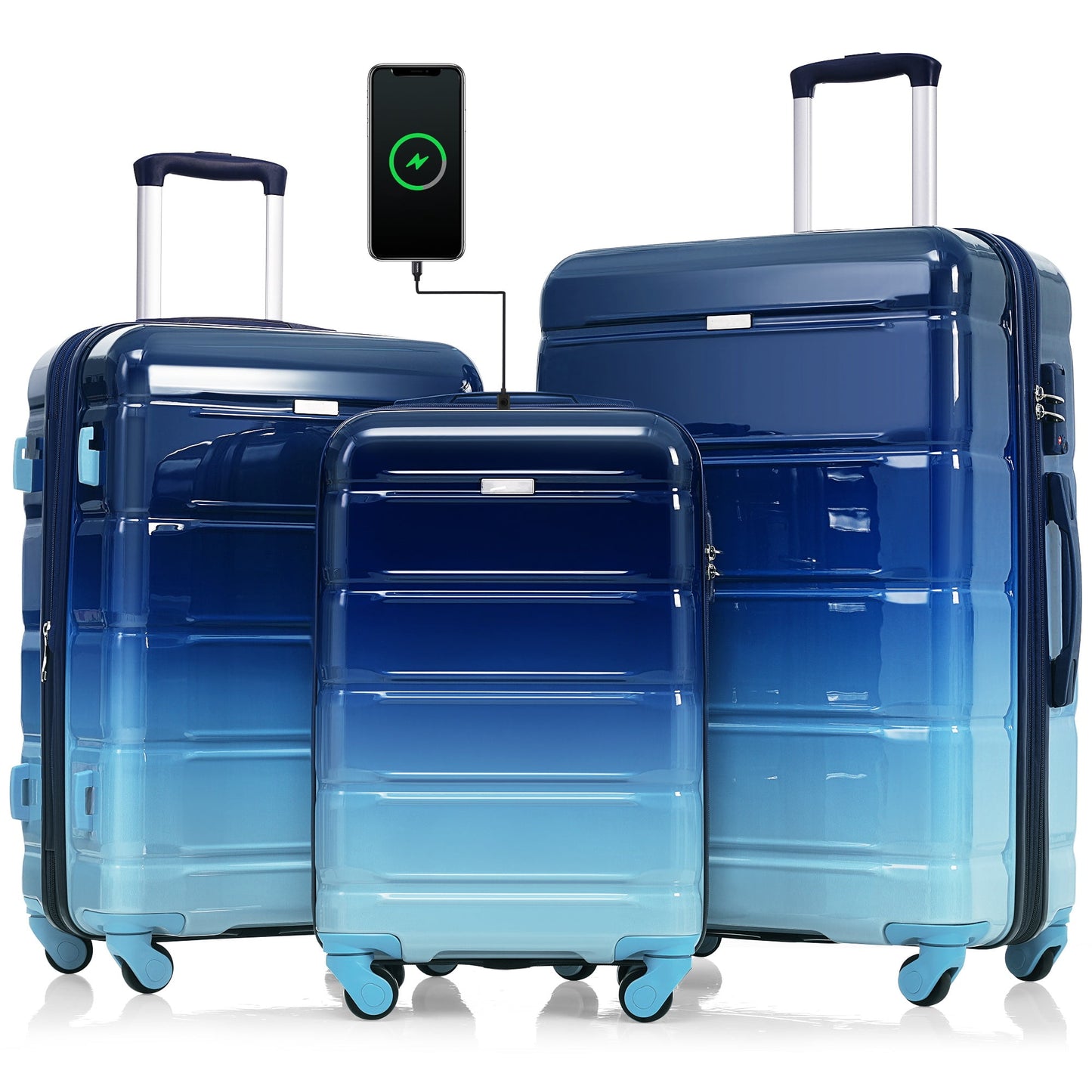 POWANLI 3Pcs Luggage Set, 20" Suitcase with USB Port,Carry-on Luggage with Cup Holder, ABS+PC Hard Shell Luggage with Spinner Wheels Gradient Blue