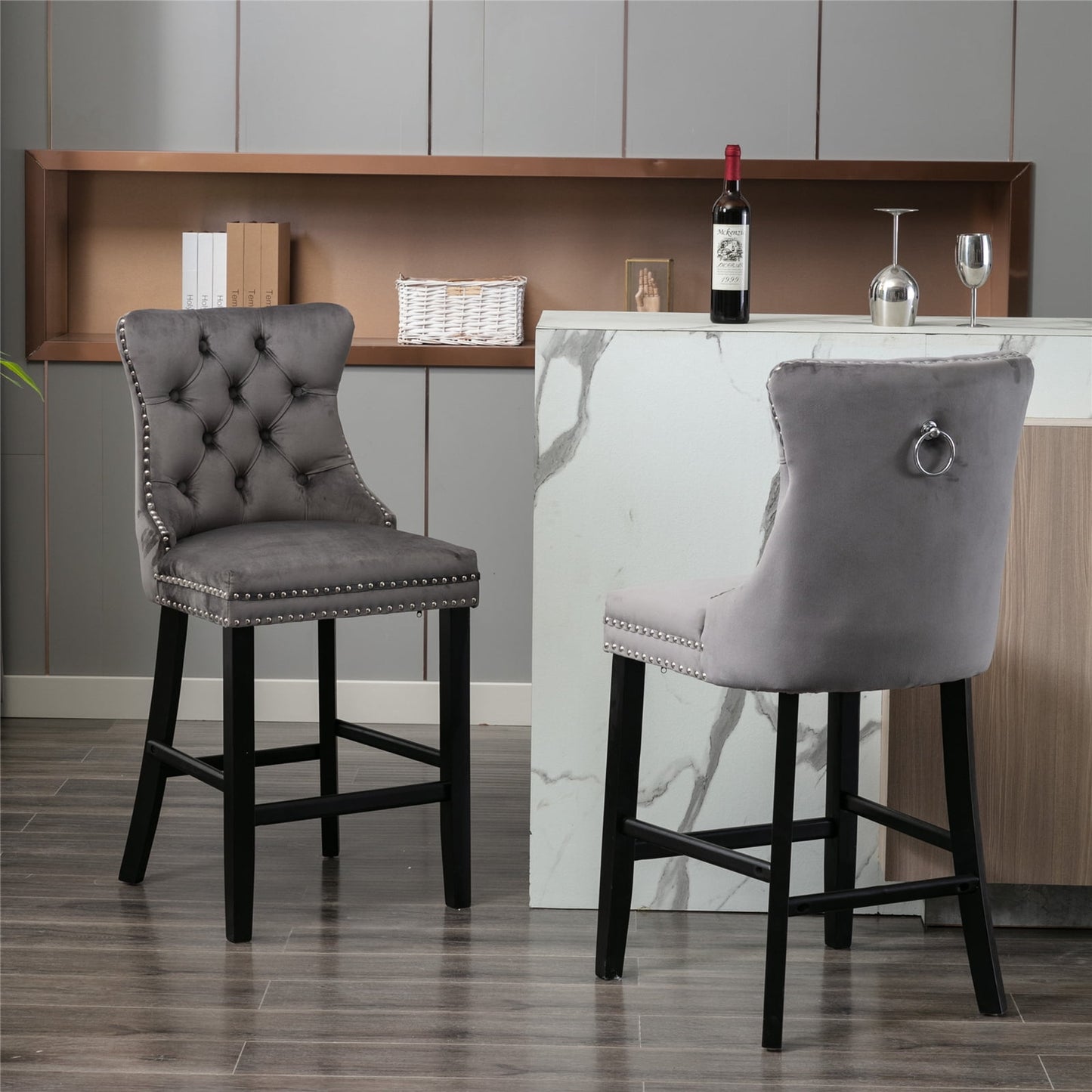 GAKMCIL Velvet Barstools, Leisure Upholstered Height Bar Stools (Set of 2) with Button Tufted Decoration, Wooden Legs, Chrome Nailhead Trim, 300lbs Load for Home Pub and Kitchen Island (Gray)