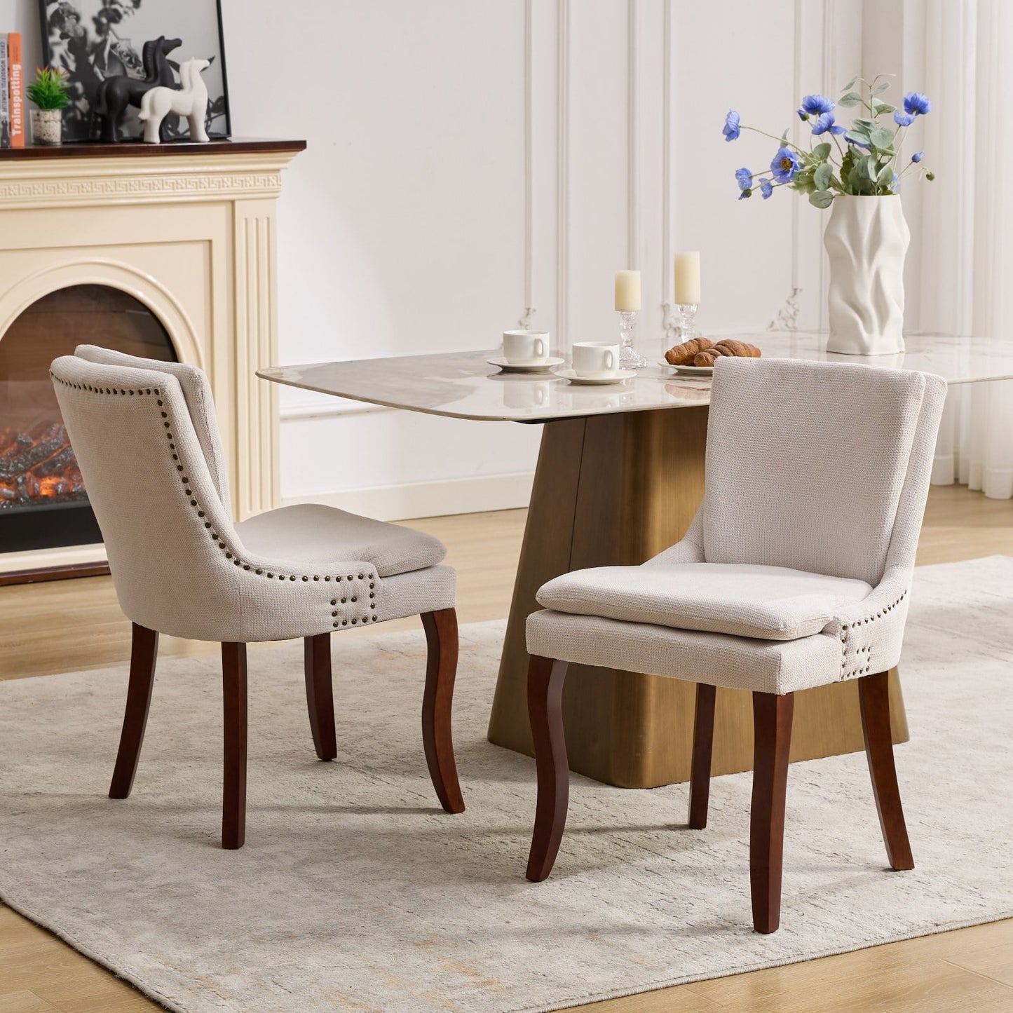 GAKMCIL Modern Chenille Leisure Dining Chairs, Double-layer Upholstered Side Chairs with Mid Back, Nailhead Trim, Solid Wood Legs, 300lb Load for Living Room and Dining Room (Set of 2, Beige)