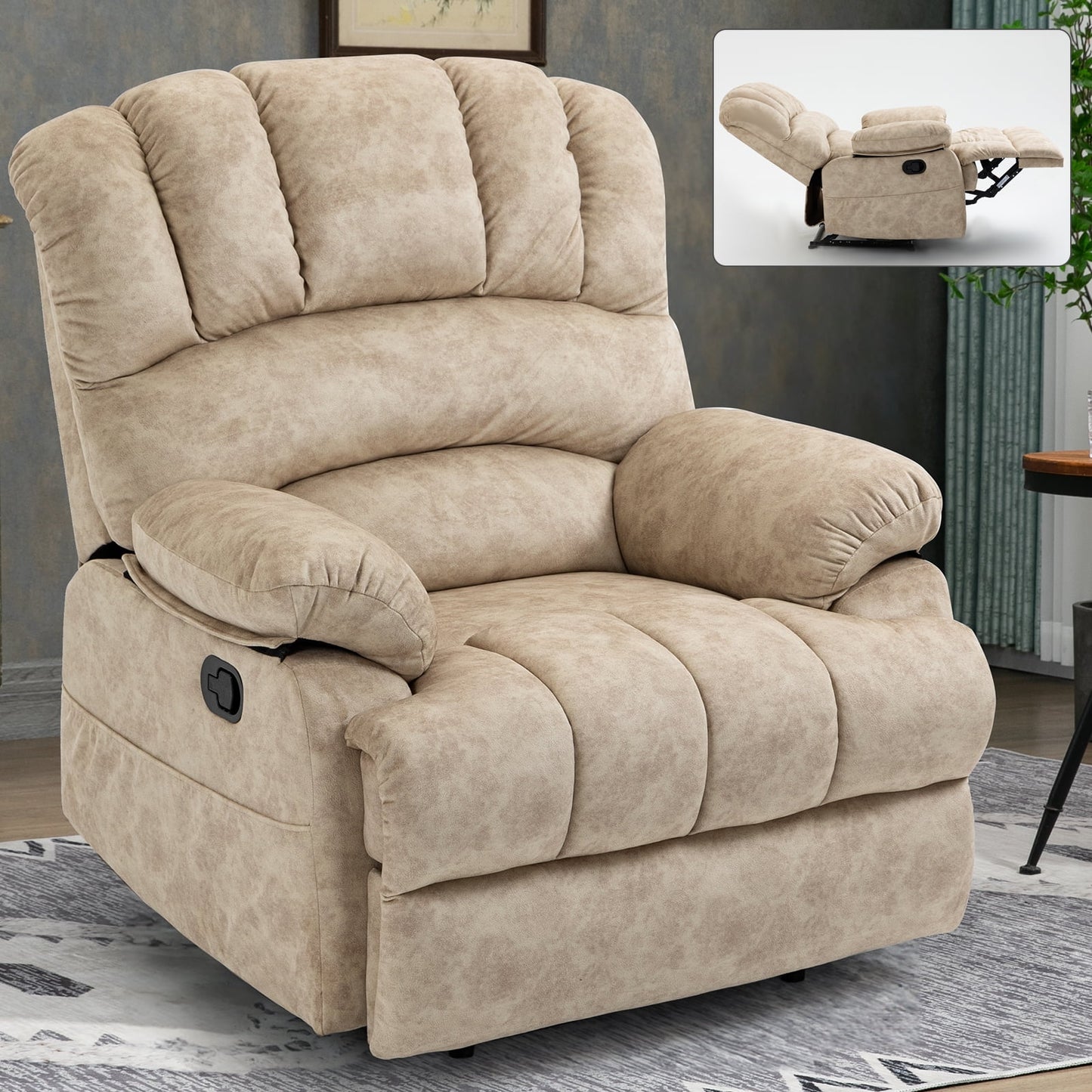 GAKMCIL Oversized Wide Seat Manual Recliner Chair in Fabric with Rocker and Side Pocke, Maximum inclination 155 degrees, Max load 400lb for Living Room Single Sofa Recliners, Gift (Beige)