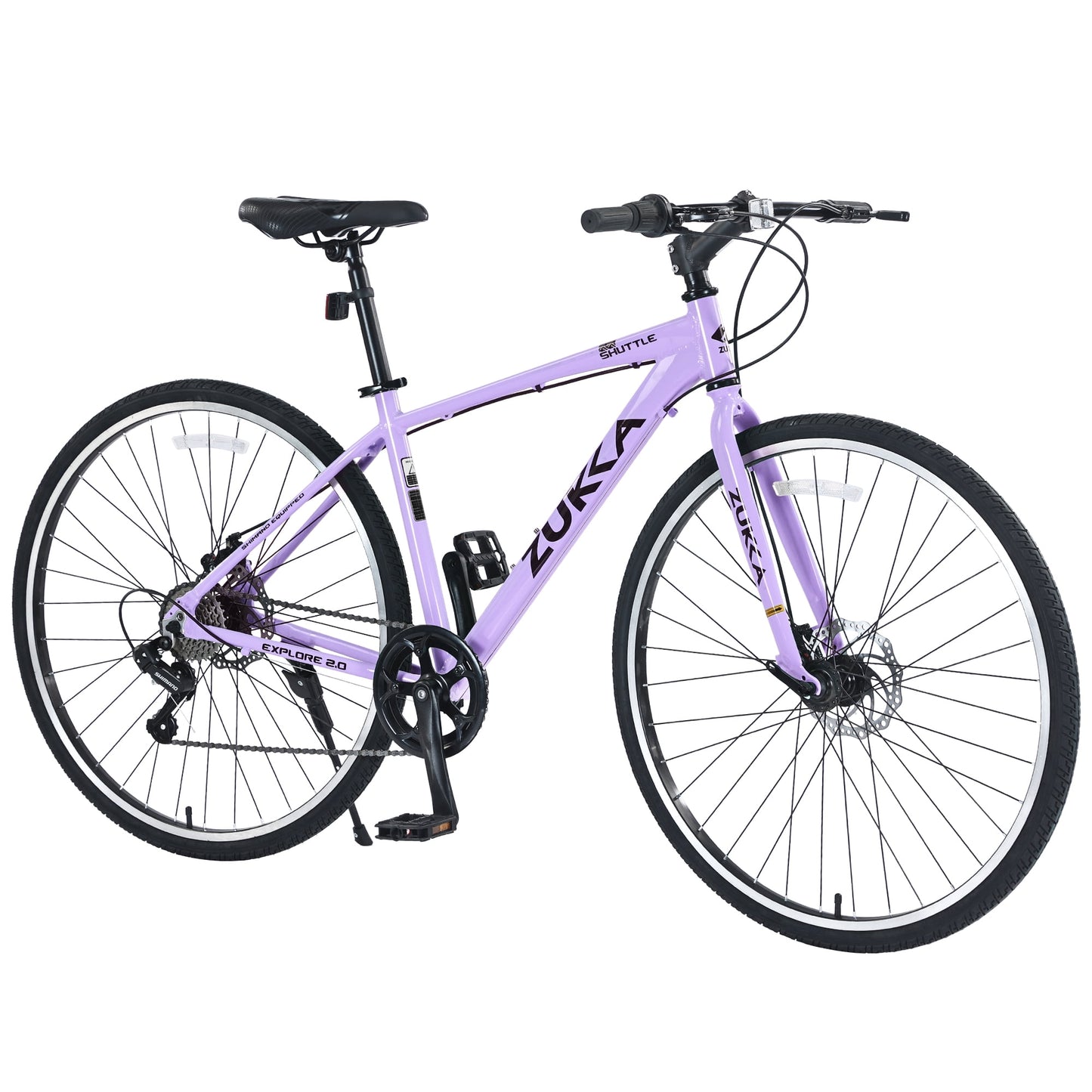 POVANLI 700C Road Bike, 7 Speed Hybrid Bike Aluminum Alloy Frame Double Disc Brakes For men women's City Bicycle, Purple (Gift)
