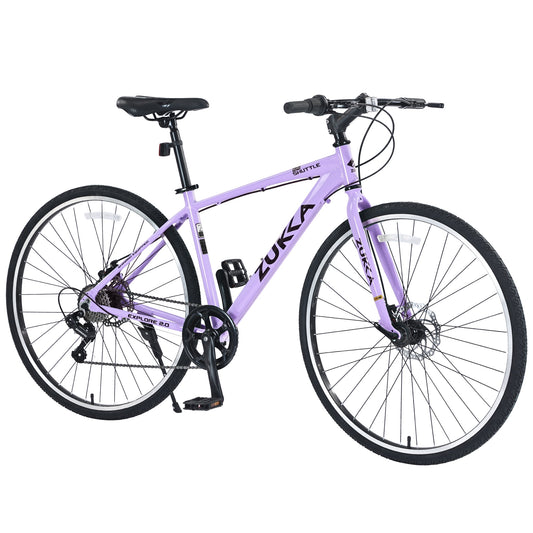 POVANLI 700C Road Bike, 7 Speed Hybrid Bike Aluminum Alloy Frame Double Disc Brakes For men women's City Bicycle, Purple (Gift)