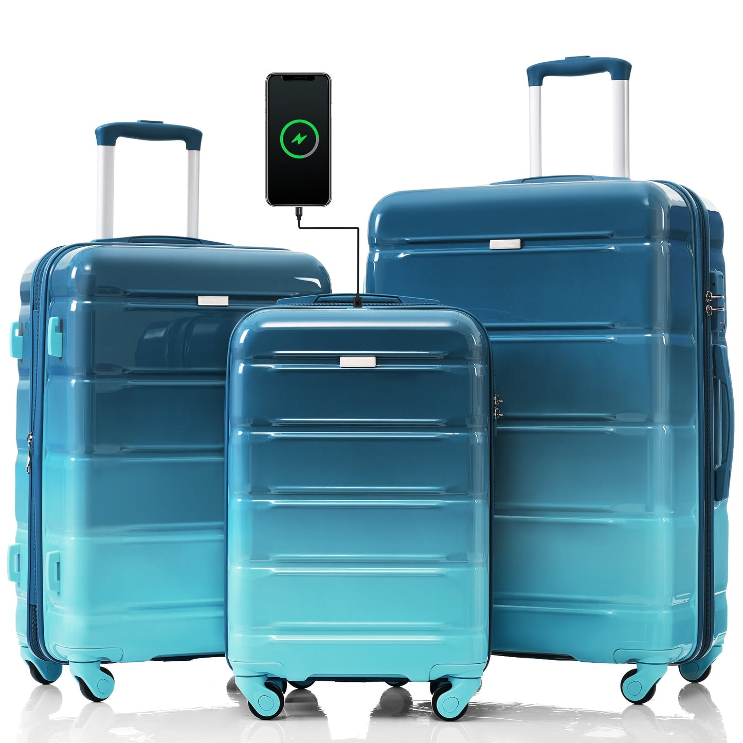 POWANLI 3Piece Luggage Set, 20" Suitcase with USB Port,Carry-on Luggage with Cup Holder, ABS+PC Hard Shell Luggage with Spinner Wheels Blue