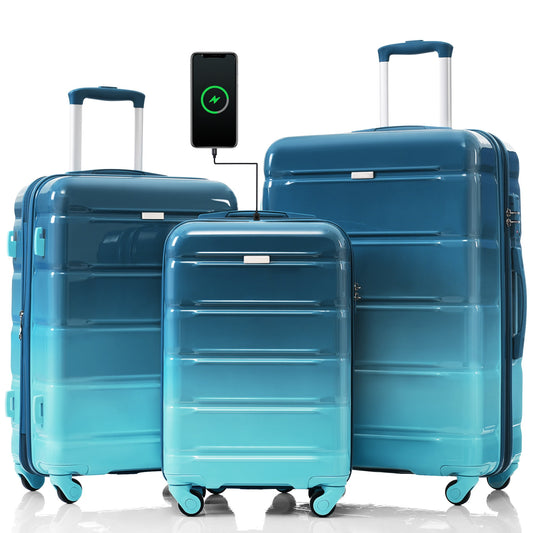 POWANLI 3Piece Luggage Set, 20" Suitcase with USB Port,Carry-on Luggage with Cup Holder, ABS+PC Hard Shell Luggage with Spinner Wheels Blue