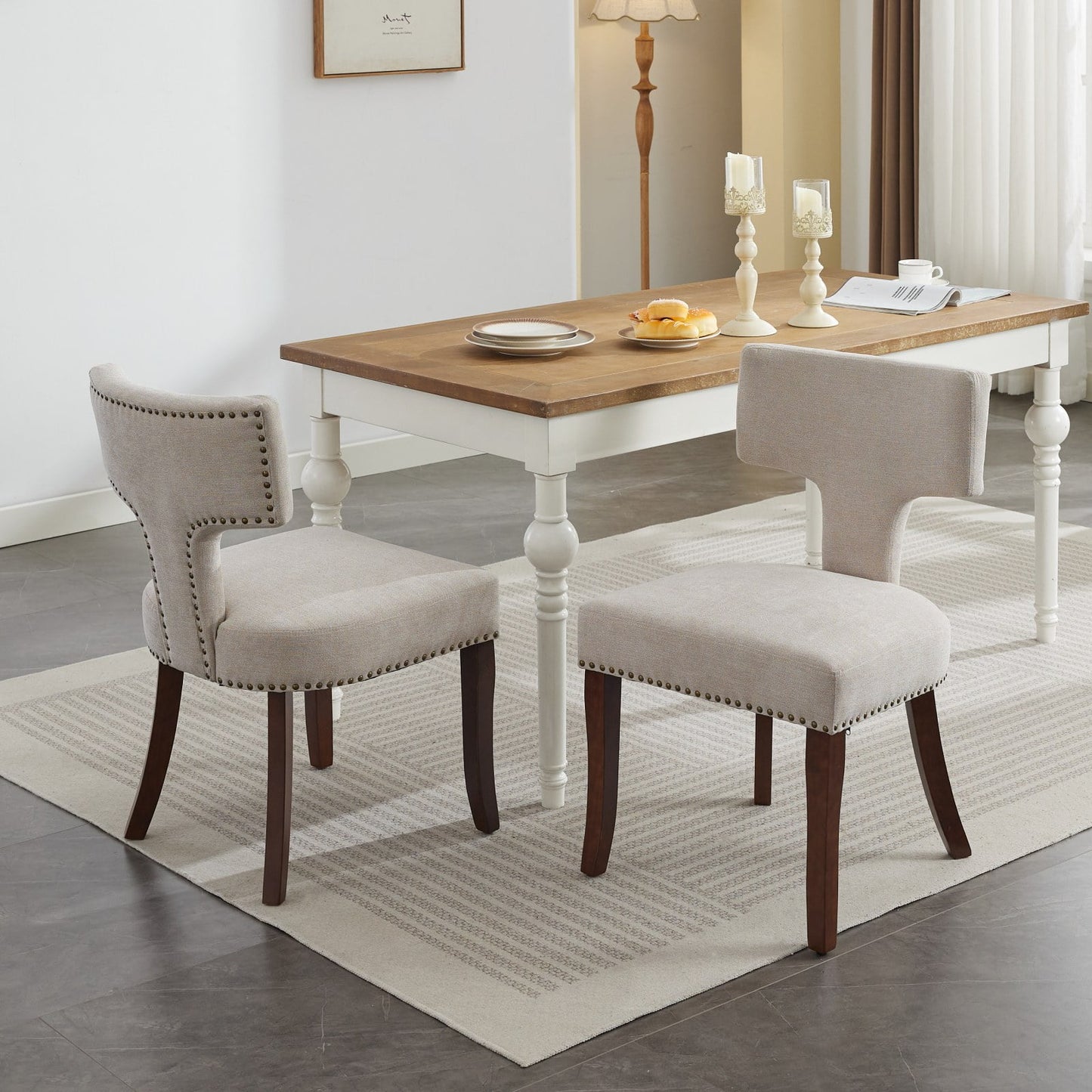 GAKMCIL Linen Dining Chair, Farmhouse Fabric Upholstered Accent Kitchen Side Chairs (Set of 2) with Curved Backrest, Copper Nails, Hardwood Frame, 300lbs Load for Dining Room and Kitchen (Beige)