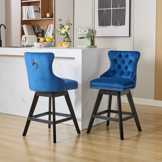 GAKMCIL Velvet Upholstered Swivel Barstools, Wood&Fabric Kitchen Counter Bar Chairs with Button Tufted, Chrome Nailhead Trim, Wooden Legs, 300lbs Load for Home Pub, Kitchen Island (Set of 2, Blue)