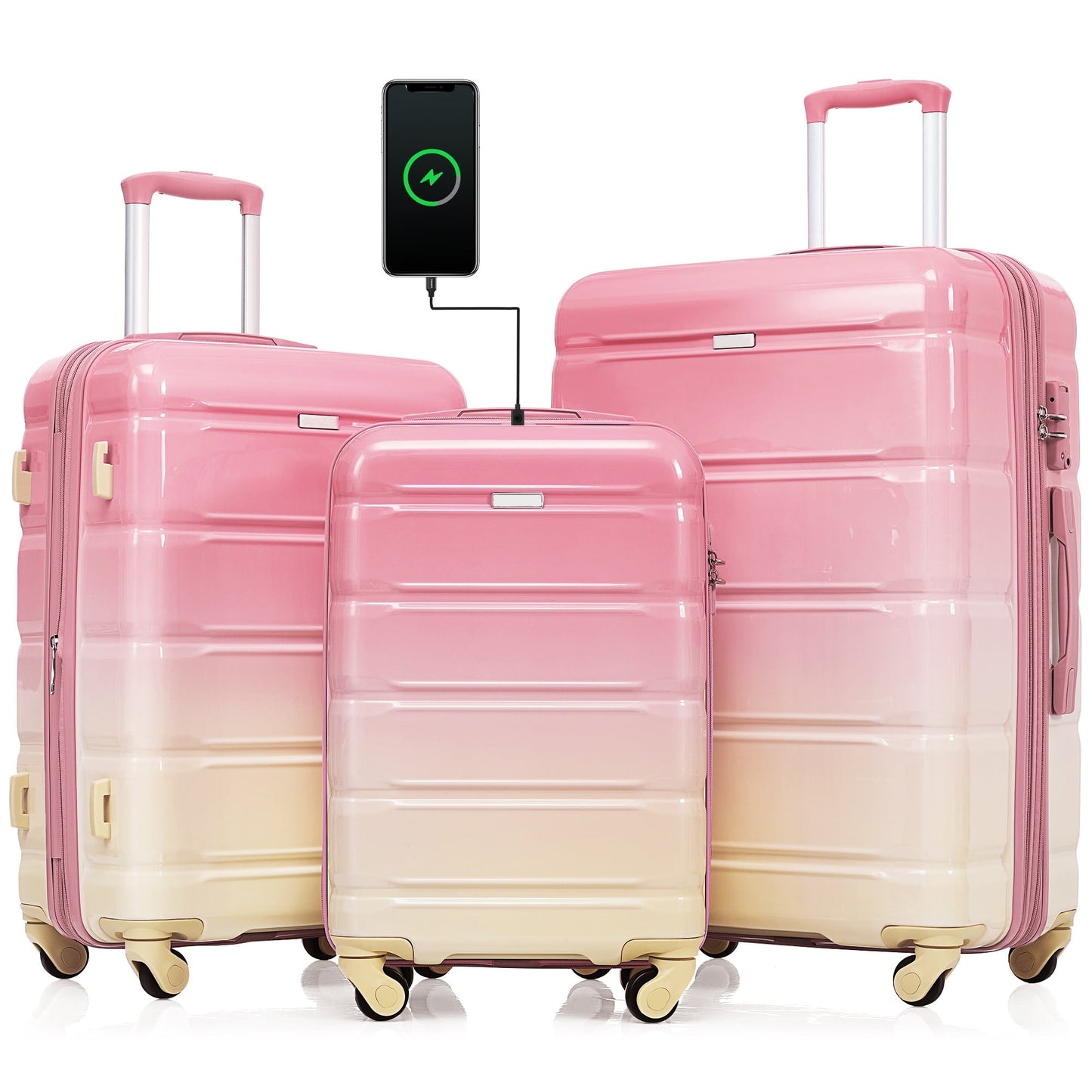 POWANLI 3Pcs Luggage Set, 20" Suitcase with USB Port,Carry-on Luggage with Cup Holder, ABS+PC Hard Shell Luggage with Spinner Wheels Gradient Pink