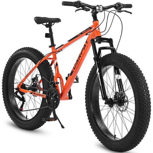 POVANLI 26 Inch Mountain Trail Bike "Fat Tire Bike" Adult Full Shimano 21 Speed Mountain Bike, Dual Disc Brake,Front Suspension, Urban Commuter City Bicycle, Orange (Gift )