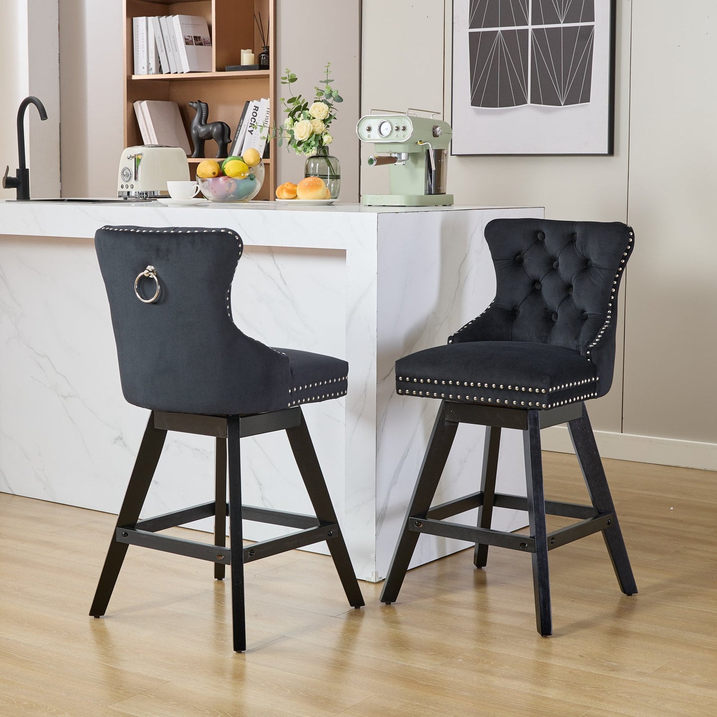 GAKMCIL Velvet Upholstered Swivel Barstools, Wood&Fabric Kitchen Counter Bar Chairs with Button Tufted, Chrome Nailhead Trim, Wooden Legs, 300lbs Load for Home Pub, Kitchen Island (Set of 2, Black)