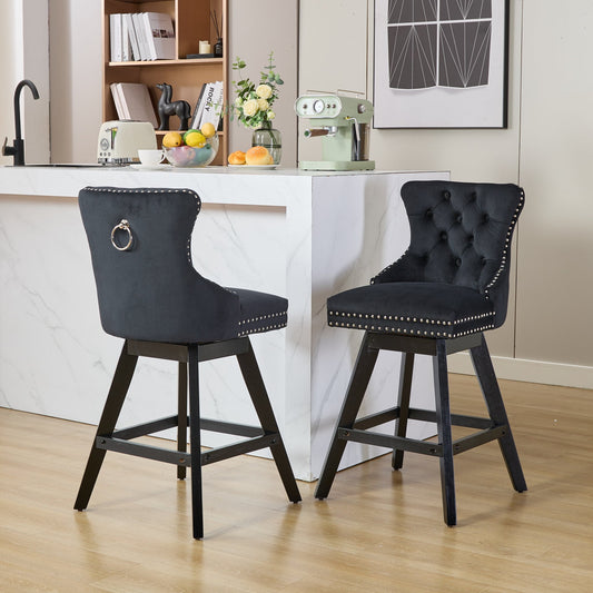 GAKMCIL Velvet Upholstered Swivel Barstools, Wood&Fabric Kitchen Counter Bar Chairs with Button Tufted, Chrome Nailhead Trim, Wooden Legs, 300lbs Load for Home Pub, Kitchen Island (Set of 2, Black)