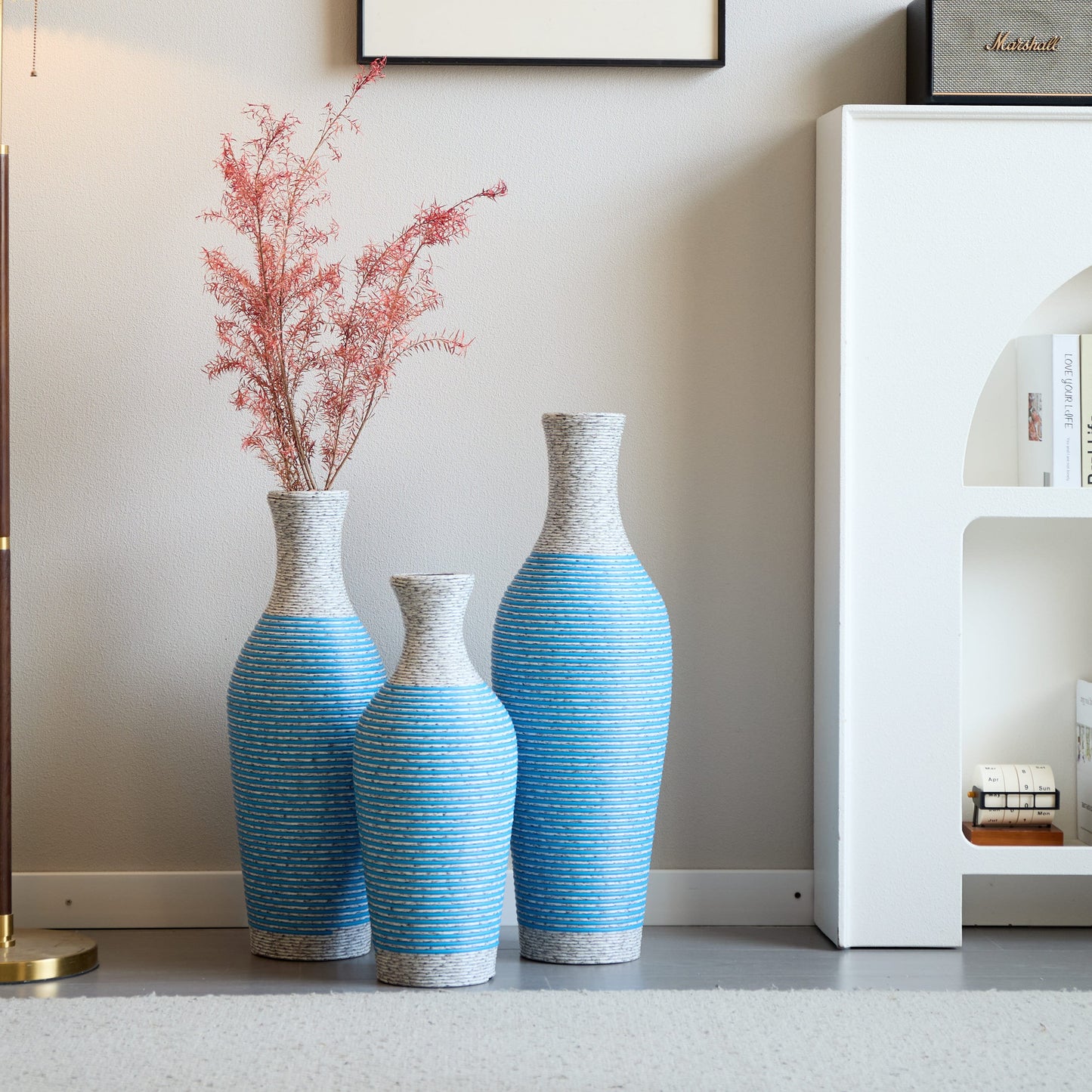 GAKMCIL Blue&White Decorative Floor PVC Vase Desktop Vase (Set of 3) Gorgeous Home Decoration Large Classic PVC Vase Home Decor for Living Room (20.47in/24.41in/28.35in Height) (Blue&White)