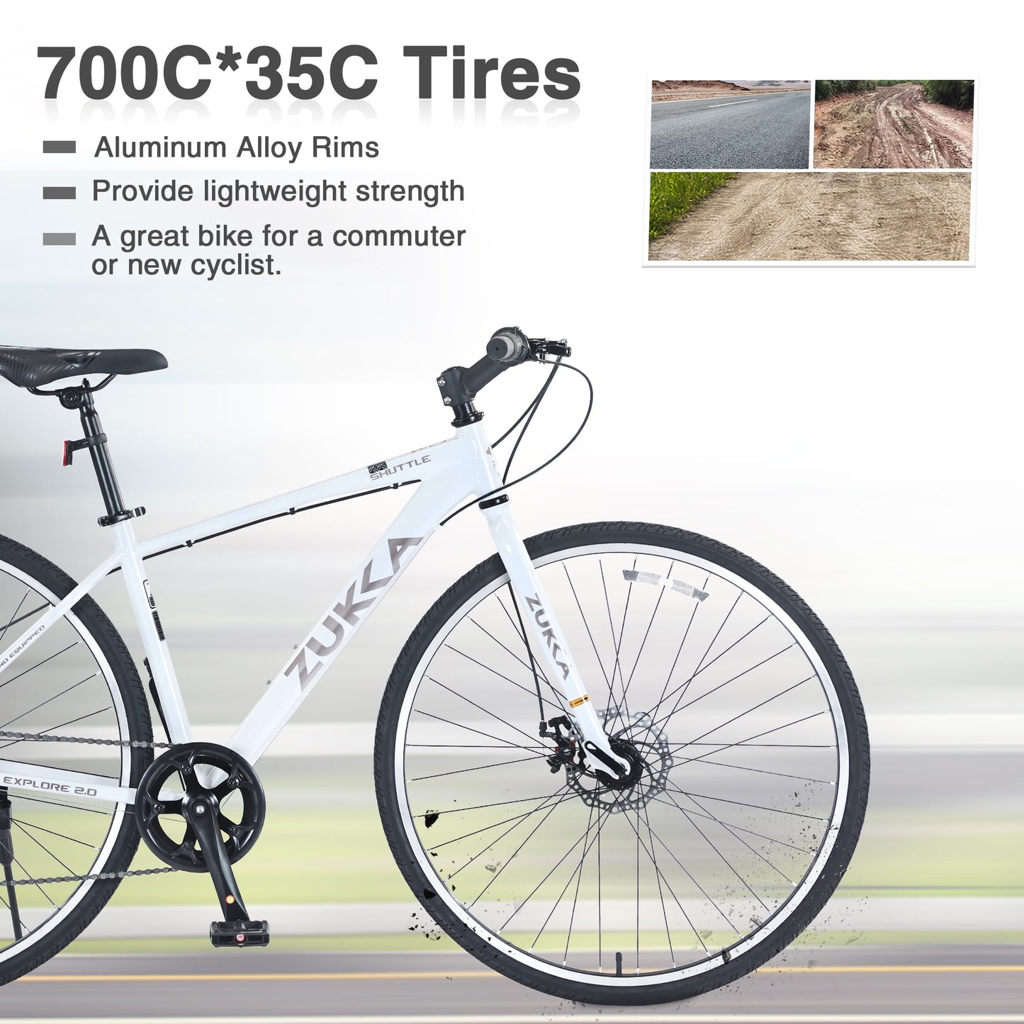 POVANLI 700C Road Bike, 7 Speed Hybrid Bike Aluminum Alloy Frame Double Disc Brakes For men women's City Bicycle, White (Gift)