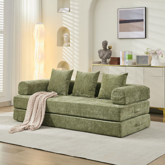 GAKMCIL 78.80" Floor Sofa Bed, Comfy Convertible Folding Mattress Couch, Chenille Floor Sofa with Armrest, Floor Sofa Lounge Couch for Living Room Bedroom Lounge Studio (No assembly required) (Green)