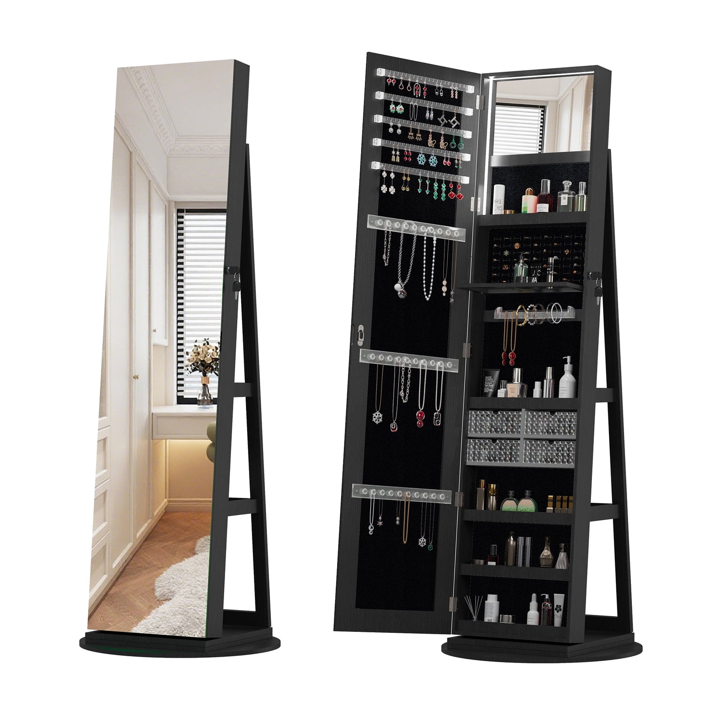 GAKMCIL Standing Jewelry Cabinet Armoire with Lockable Storage Cabinet, 360° Rotating, Back Storage Shelves, Full Length Mirror, Interior Mirror, Hooks (Black)