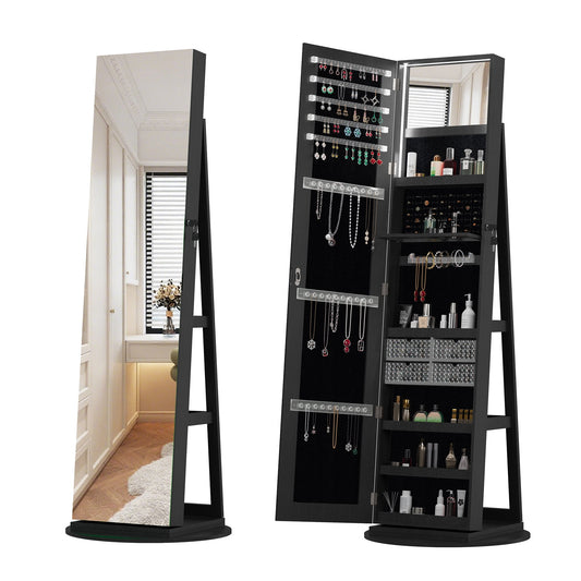 GAKMCIL Standing Jewelry Cabinet Armoire with Lockable Storage Cabinet, 360° Rotating, Back Storage Shelves, Full Length Mirror, Interior Mirror, Hooks (Black)