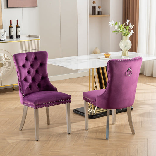 GAKMCIL Velvet Dining Chair, Comfy Tufted Upholstered Dinner Chair with Chrome Stainless Steel Plating Legs, Nailhead Trimfor amd Back Ring, 300lb Load for Dining Room and Kitchen (Set of 2, Purple)