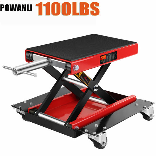 POWANLI Motorcycle Lift, 1100 lb Capacity Motorcycle Jack with Wide Deck,Motorcycle Scissor Lift Jack with Dolly and Hand Crank Bikes Garage Repair Hoist Stand