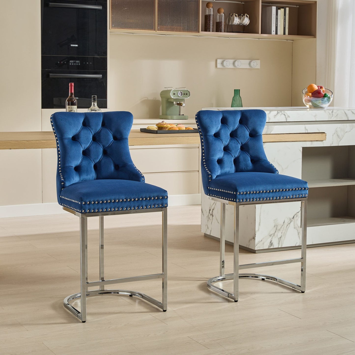 GAKMCIL 25" Modern Velvet Upholstered Barstools, Wingback Bar Chairs with Button Back, Rivet Trim and Chromed Metal Base Legs, 350lb Load for Home Pub, Kitchen Island, Farmhouse (Set of 2, Blue)