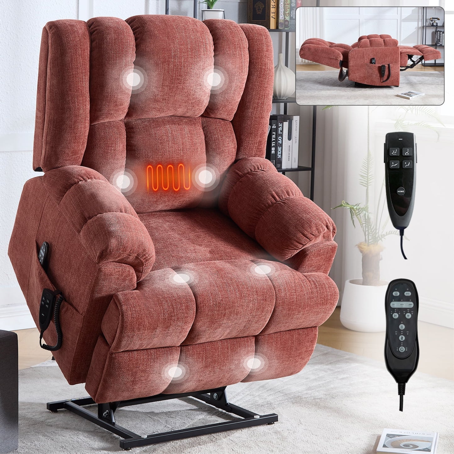 GAKMCIL Large Dual Motor Power Lift Chair Recliner for Elderly with Massage and Heating, 3 massage modes, 8 vibrating nodes (back, lumbar, thighs, legs), 15/30/60 minute timing function, Gift (Red)