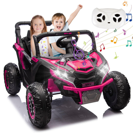 POWANLI 24V Electric Toy Car with UTV W/Parents Remote Control,2 Seater Kids Ride on Toys Truck with 4 wheels, USB, MP3, Bluetooth, LED Lights, Horn for Girls Boys Kids 3-8, Pink