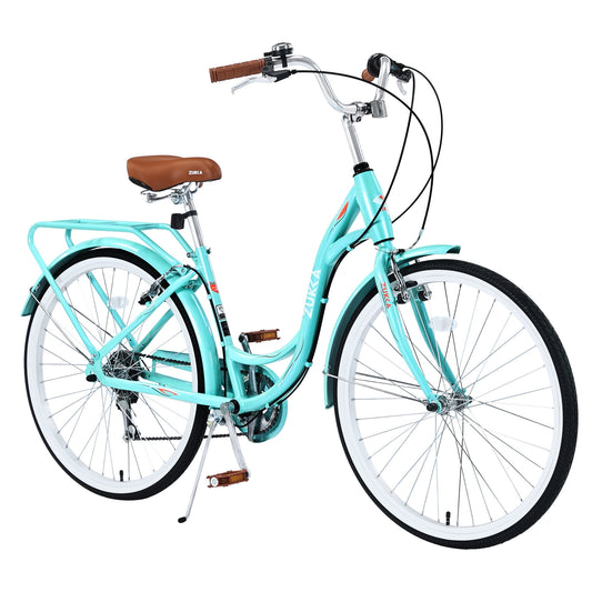 POVANLI 24" Women Bike with 7 Speed Adjustment,Steel Frame Ladies Bicycle for 10+Years Old Blue+Green