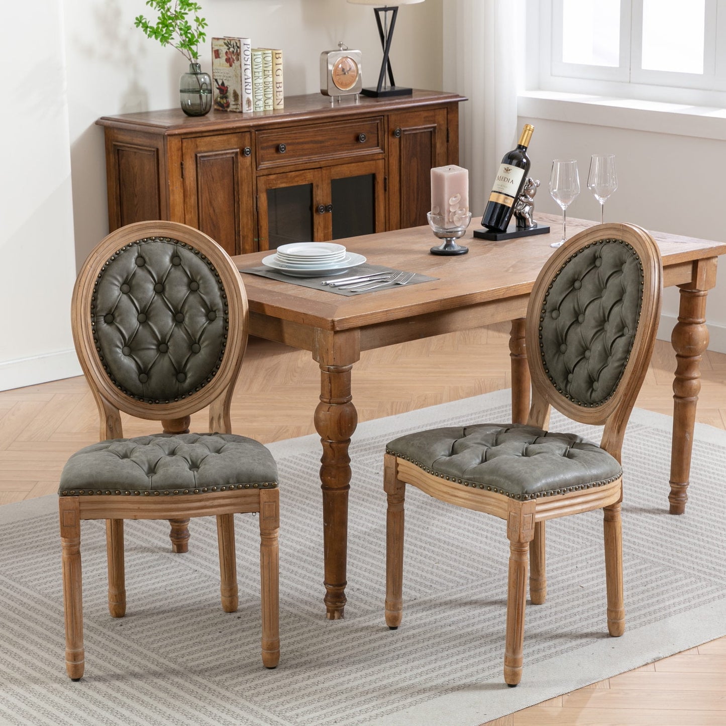 GAKMCIL PU Faux Leather Dining Chair with French Solid Wood Frame,Hand Pull Button Decoration,Nailed Headdress Edge,Density Foam,Steel Spring Lining,Weight Capacity:300lb, White Pine Green (Set of 2)
