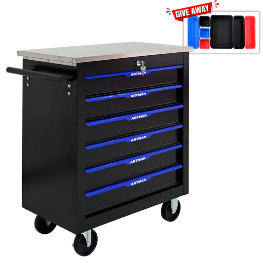 POWANLI 6 Drawers Multifunctional Tool Cart with wheels, with Key Locking and 4 Toolbox On Wheels, Metal, Suitable for Garages, Warehouses, Workshops, Repair Shops(Black+Blue)