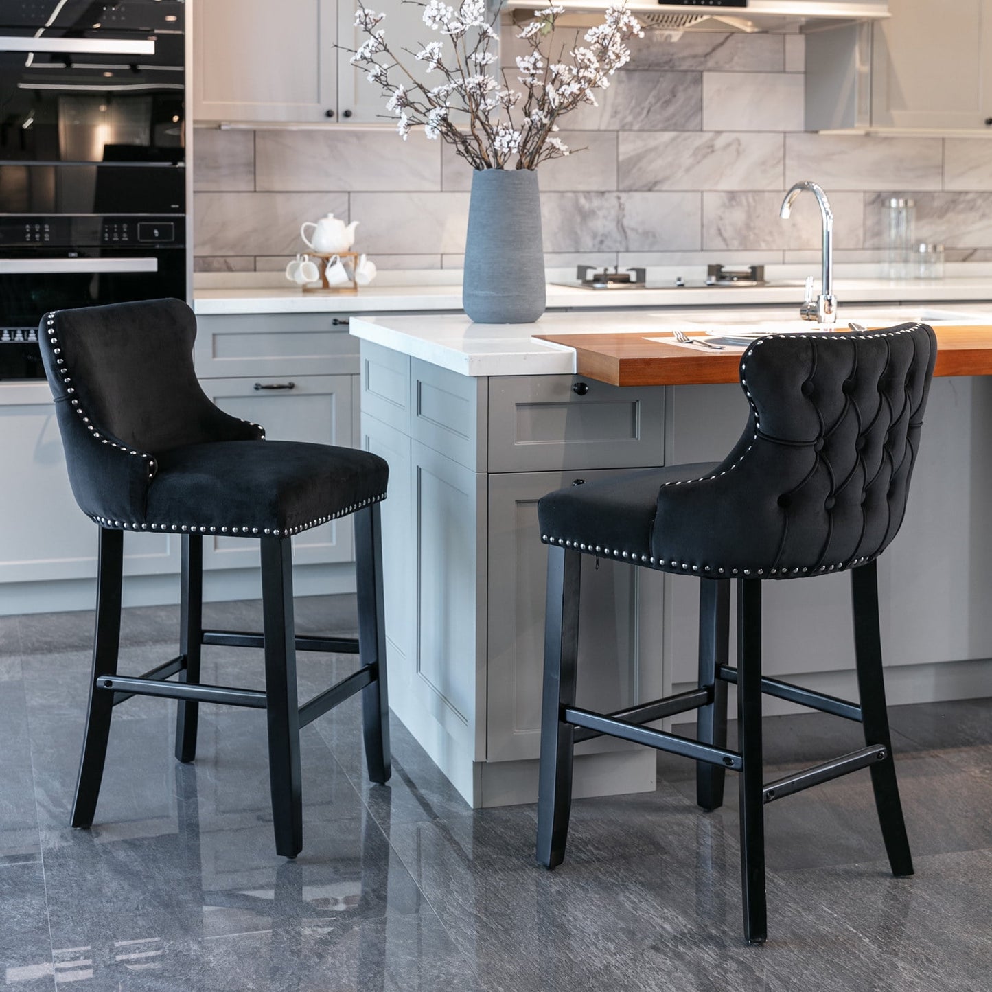 GAKMCIL Velvet Upholstered Wing-Back Barstools, Counter Height Solid Wood Bar Chairs with Button Tufted, Chrome Nailhead Trim, Wooden Legs, 300lb Load for Kitchen, Dining Room, Pub (Set of 2, Black)