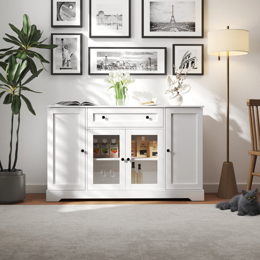 GAKMCIL Modern Wood Sideboard Buffet, Buffet Cabinet, Coffee Bar Kitchen Storage Cabinet with Doors, Drawer & Adjustable Shelf for Kitchen, Dining Room, Living Room (White) (54.33"L*15.75"W*32.87"H)