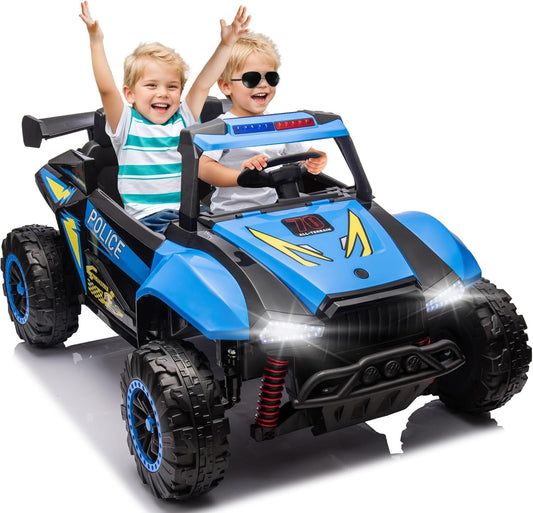 POWANLI 24V Electric Kid Police Car, 2-seater, 2 driving Modes, Kid manual control, W/Parents 2.4G Remote Control with Power display, USB/TF, MP3, Bluetooth, LED Lights, for Boys Girls 3-8, Blue