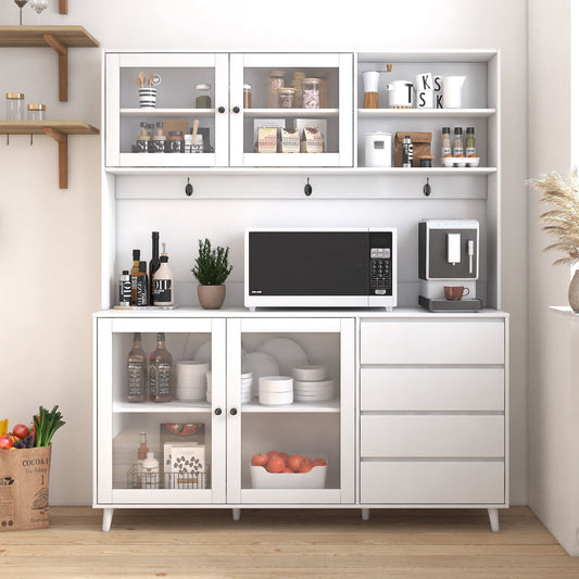 GAKMCIL 63" Large Kitchen Hutch Cabinet – Freestanding Pantry with 4 Doors, 4 Drawers & Microwave Shelf, Multi-Functional Organization Solutions for Home, Garage, or Office – Durable Structure(White)