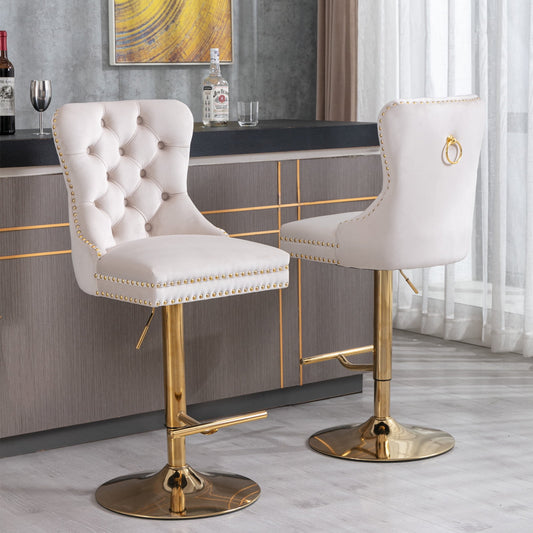 GAKMCIL Thick Golden Swivel Velvet Barstools, Modern Upholstered Bar Stools with Adjustable Seat Height from 27-35in, Backs Tufted, 270lb Load for Home Pub, Kitchen Island (Set of 2, Beige)