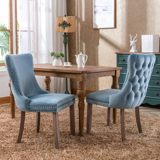 GAKMCIL Velvet Dining Chair (Set of 2), Comfy Upholstered Wing-Back Dining Chairs with Nailhead Back and Solid Wood Legs, Weight Capacity 330lb Load for Dining Room and Kitchen (Light Blue)
