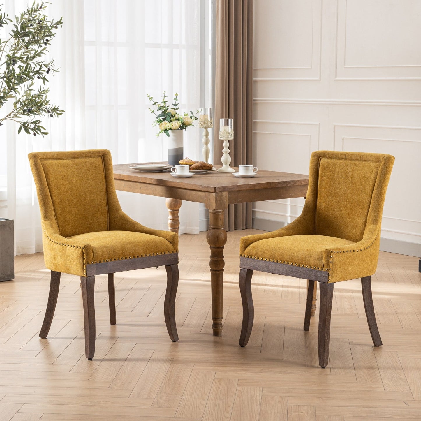 GAKMCIL Upholstered Dining Chairs, Ultra Side Dining Room Chairs with Bronze Nail Head, Tufted Cushion Back Elegant Accent Chairs, Rubber wood, Weight Capacity:300lb, Yellow (Set of 2)