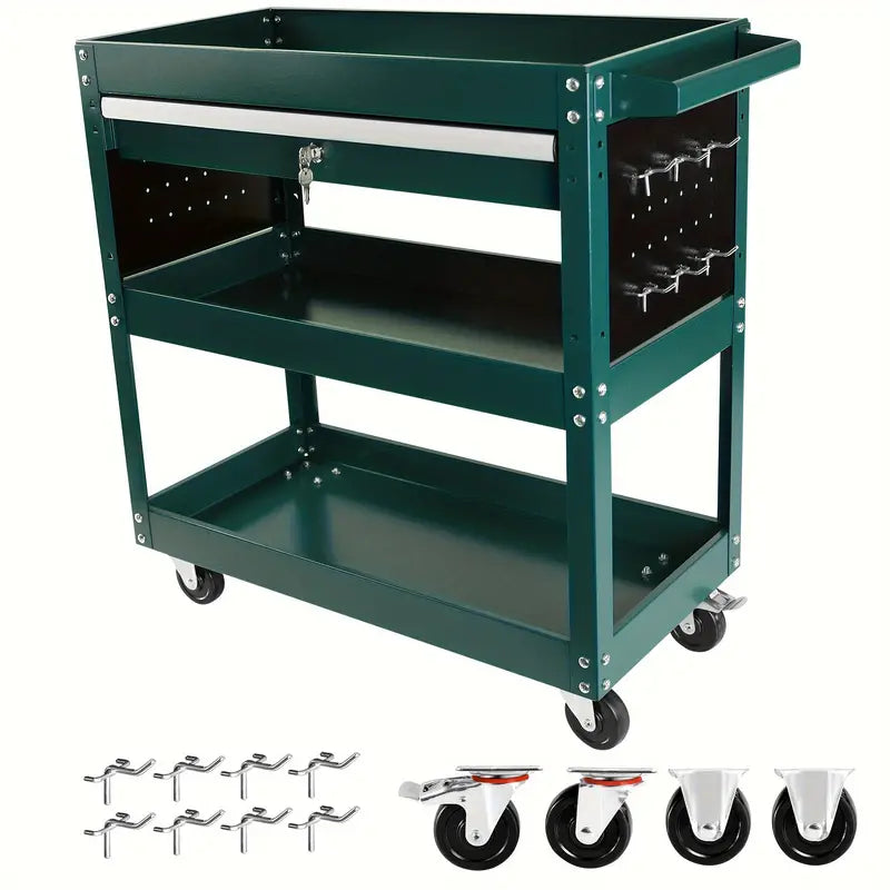 POWANLI 3 Tier Rolling Tool Cart, Heavy Duty Utility Cart Tool Organizer with Storage Drawer, Industrial Commercial Service Tool Cart for Mechanics, Garage, Warehouse & Repair Shop