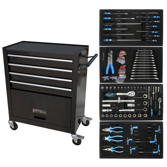 POWANLI Professional Tools Box Set W/238pcs Universal Tools, Tool Box Rolling Tool Cart On Wheels with 4 Drawers, Storage Cabinet On Wheels for Tools, Garage Workshop Warehouse, Black