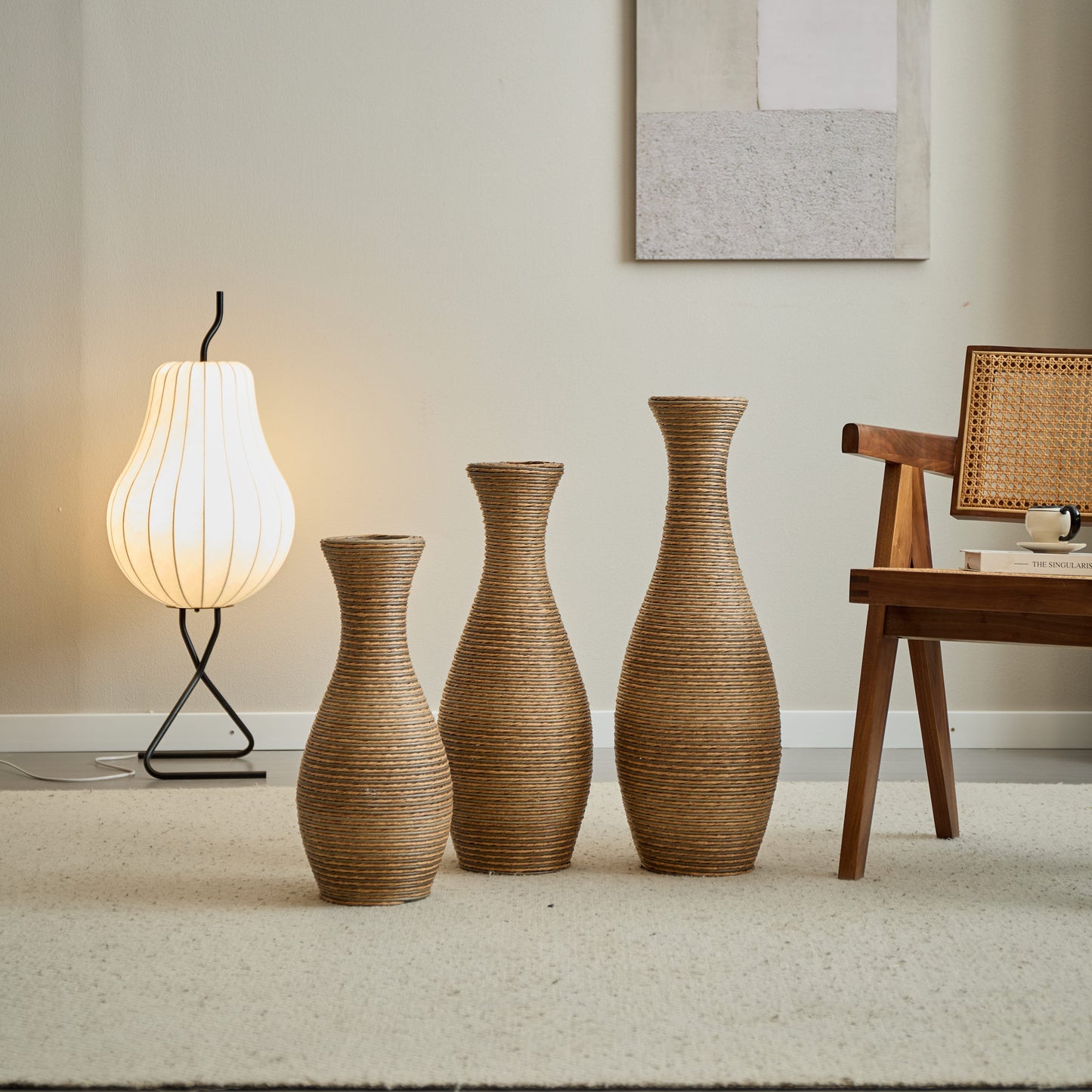 GAKMCIL 3-piece Elegant Artificial Rattan Floor Vase for Home Decor Living Room, Entrance and Hallway Home Decoration for Dry or Silk Flower Arrangements (19.69/23.62/27.95in Height) (Beige)