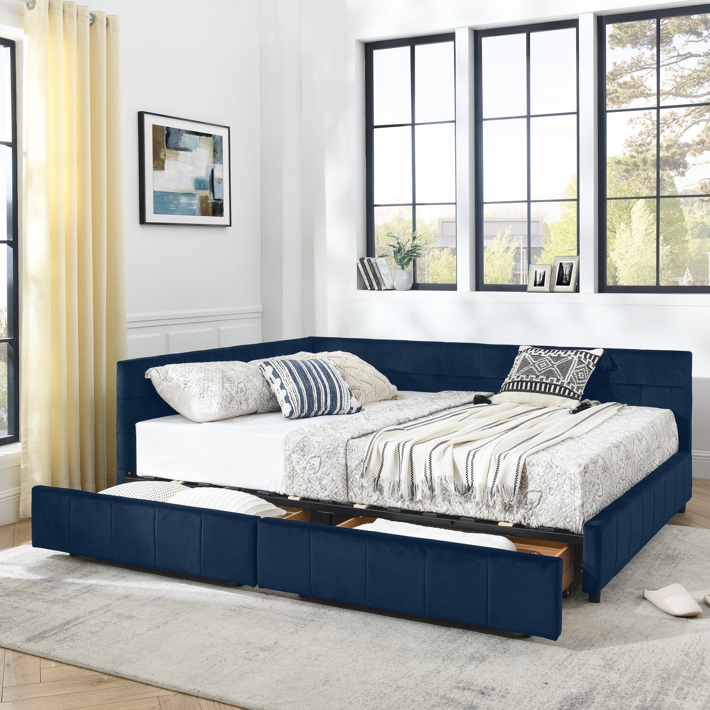 GAKMCIL Queen Size Upholstered Tufted Bed Frame,Sofa Velvet Bed Frame with Comfortable Backrest and Armrests,Daybed for Bedroom, Living Room Dark Blue(85.5''*64.5''*29.5'')