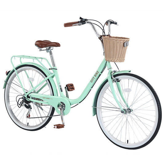 POVANLI 26 Inch with Basket Ladies Bicycle Adult Full Shimano 7 Speed Ladies Bicycle, Double V Brakes Bicycle, Steel Frame Commuter City Bike for Ladies, Green (Gift)