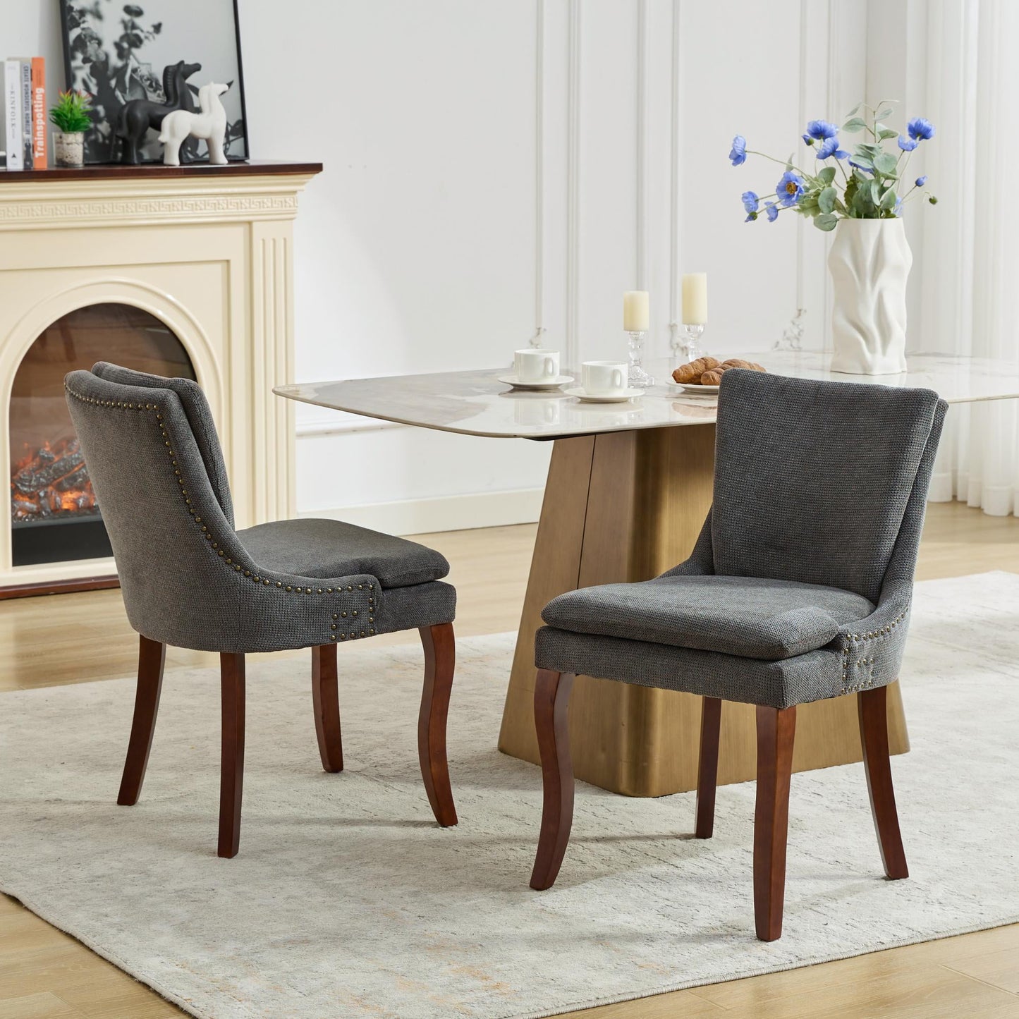 GAKMCIL Modern Chenille Leisure Dining Chairs, Double-layer Upholstered Side Chairs with Mid Back, Nailhead Trim, Solid Wood Legs, 300lb Load for Living Room and Dining Room (Set of 2, Gray)