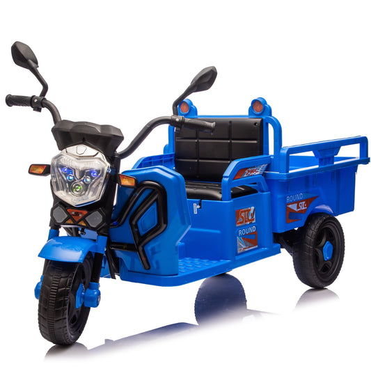 POVANLI 12V Kids Ride on Electric Toy Truck,Cargo Tricycle Bike with Slow Start,Long Battery Life,Wide Seat,Anti-Slip Wheels,Large Storage Space,MP3,Bluetooth,USB,LED for Children Aged 3-7 Gift(Blue)