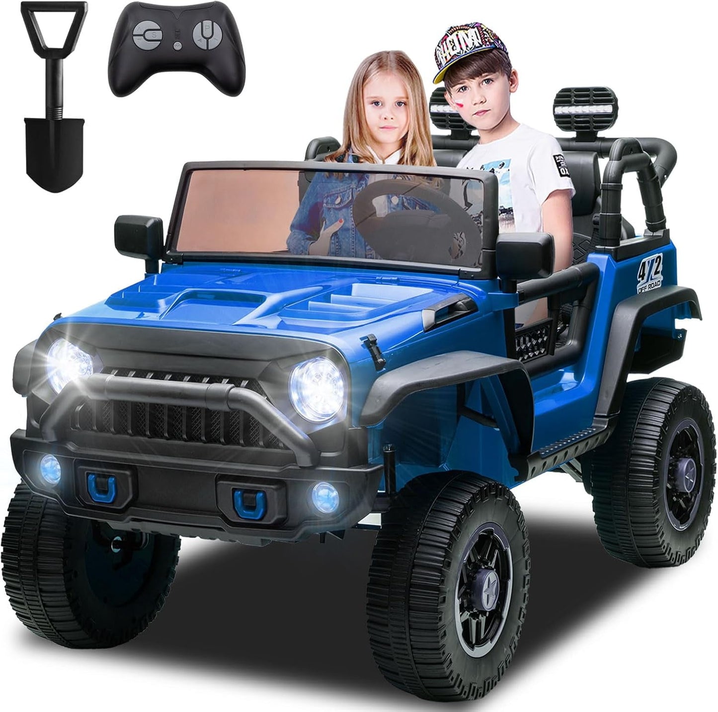 POVANLI 24V 2 Seater Ride on Toys for Kids, Electric Truck w/Remote Control, 20.28" Wide Seat, 2x200W Motor, 5 Mph Max Speed, Bluetooth, MP3, Belts, Lights, Power Car Wheels for Boys and Girls, Blue