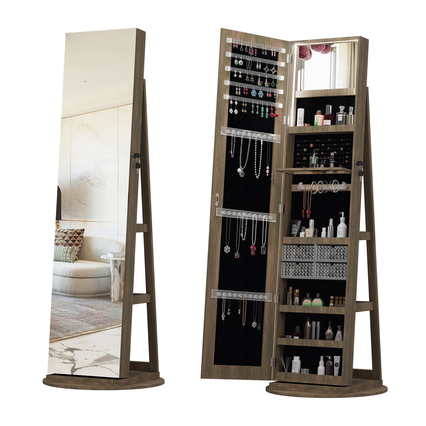 GAKMCIL Standing Jewelry Cabinet Armoire with Lockable Storage Cabinet, 360° Rotating, Back Storage Shelves, Full Length Mirror, Interior Mirror, Hooks (Antique Brown)