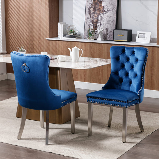 GAKMCIL Velvet Dining Chair, Comfy Tufted Upholstered Dinner Chair with Chrome Stainless Steel Plating Legs, Nailhead Trimfor amd Back Ring, 300lb Load for Dining Room and Kitchen (Set of 2, Blue)