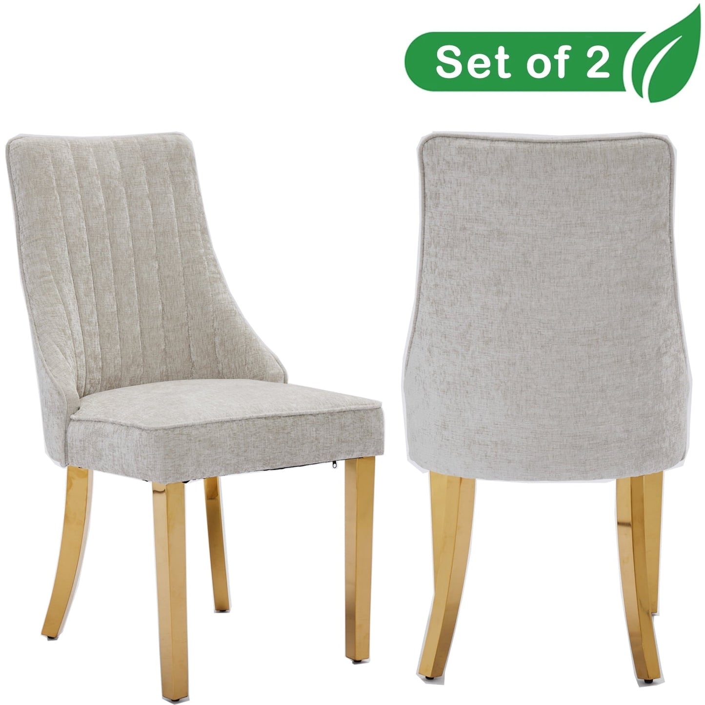 GAKMCIL Chenille Dining Chairs (Set of 2), Tufted Kitchen Dinner Chair Comfy Fabric Upholstered Accent Chair for Dining Room with Golden Stainless Steel Plating Legs, Weight Capacity:300lb (Beige)