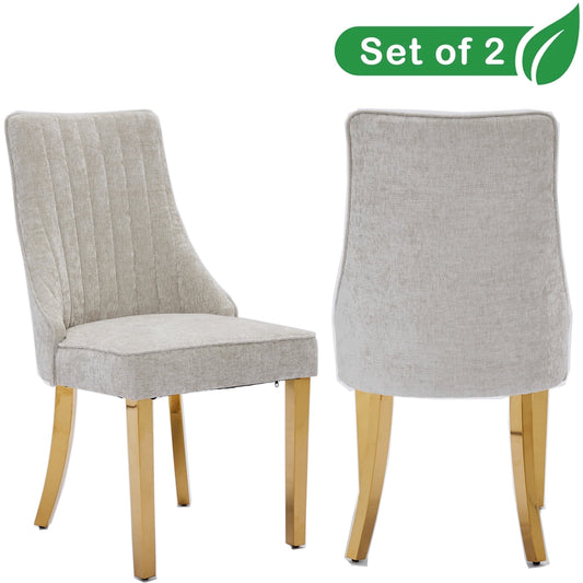 GAKMCIL Chenille Dining Chairs (Set of 2), Tufted Kitchen Dinner Chair Comfy Fabric Upholstered Accent Chair for Dining Room with Golden Stainless Steel Plating Legs, Weight Capacity:300lb (Beige)